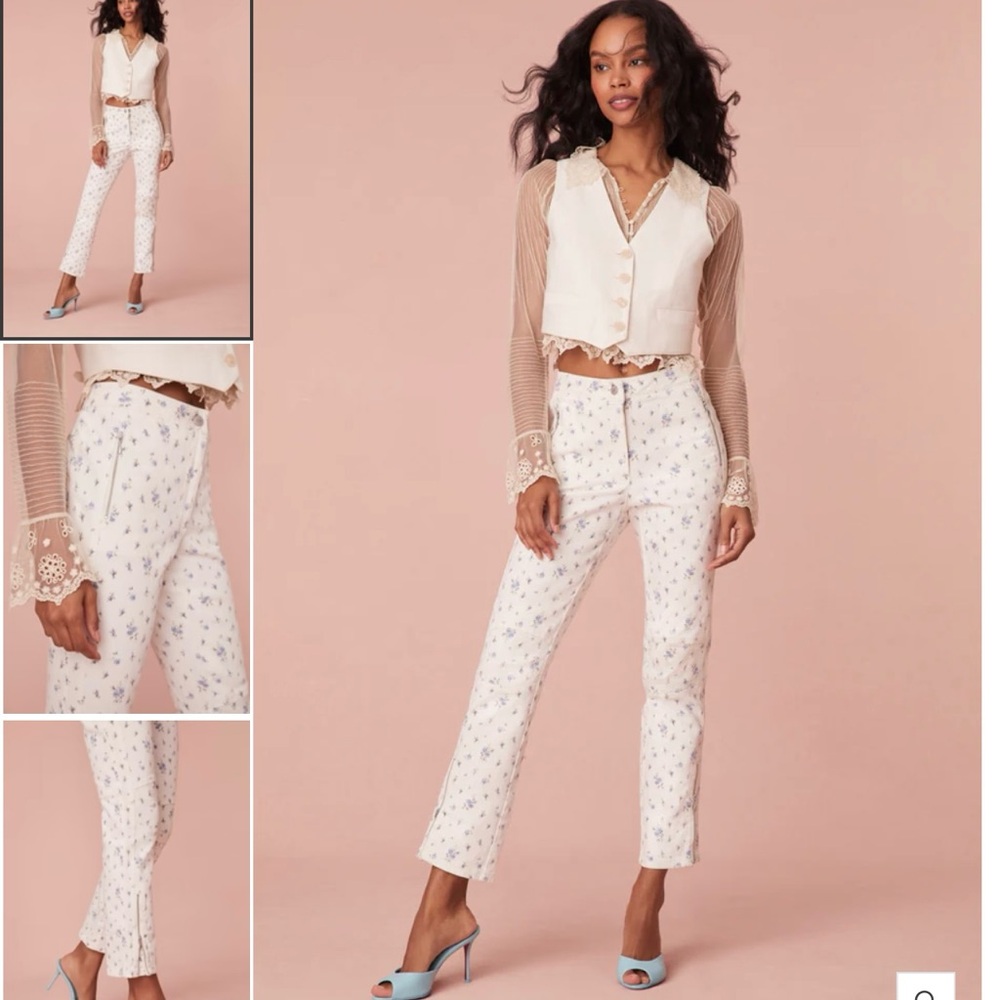 LoveShackFancy White Floral Ankle High Rise Jeans